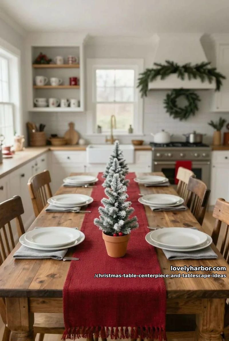12 Christmas Table Centerpiece and Tablescape Ideas (and the One Rule That Makes Them Work) 23 march a row of potted mini frosted trees down the table 22
