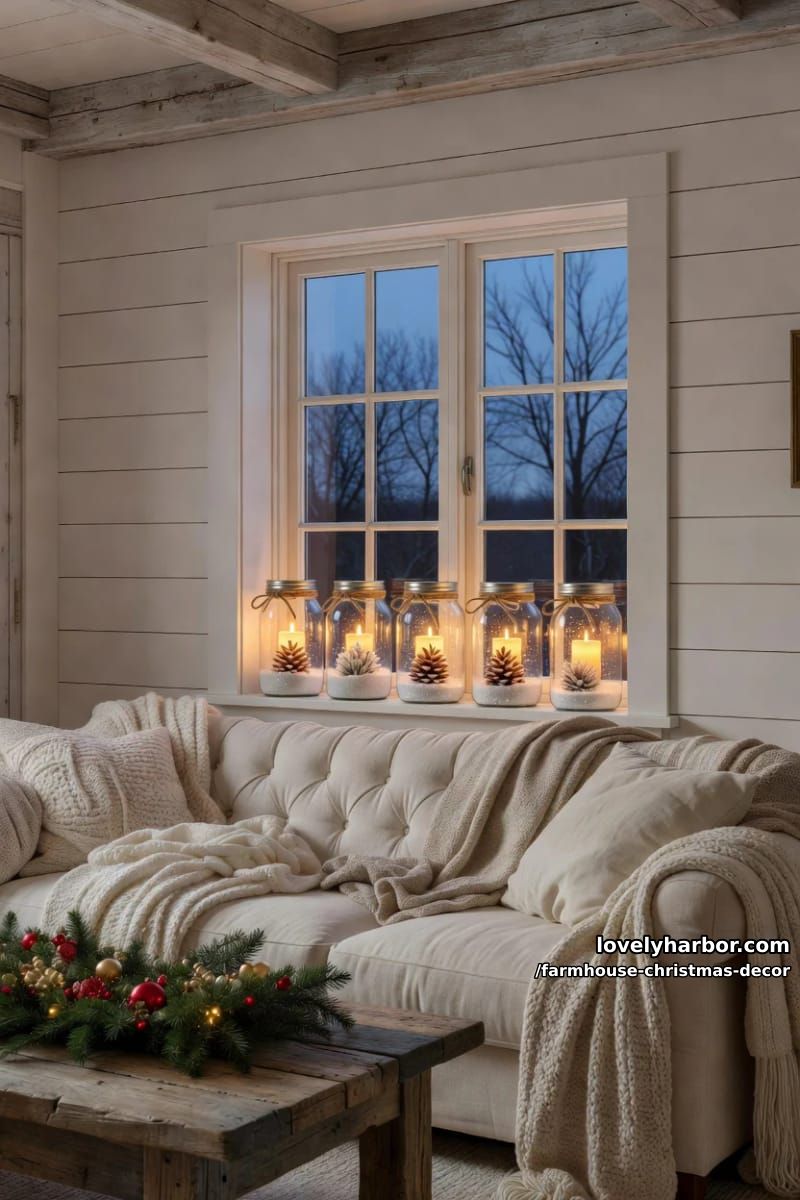 mason jar luminaries down the windowsill 1