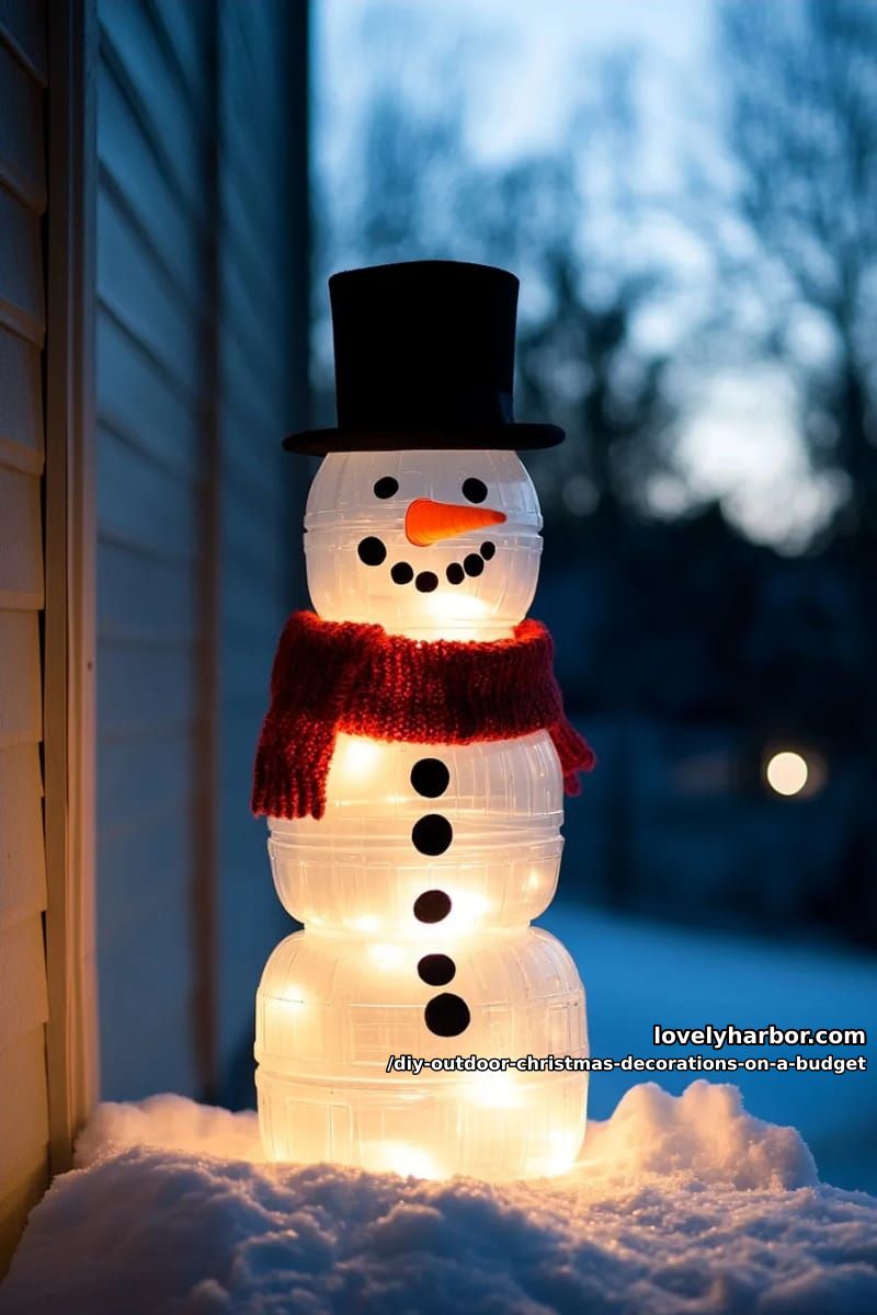 12 DIY Outdoor Christmas Decorations on a Budget That Survive a Real Winter 21 milk jug snowmen luminaries 1
