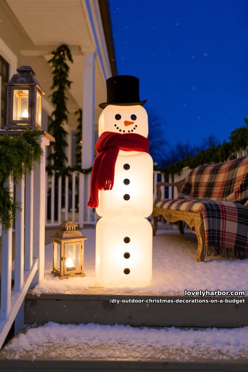12 DIY Outdoor Christmas Decorations on a Budget That Survive a Real Winter 22 milk jug snowmen luminaries 1