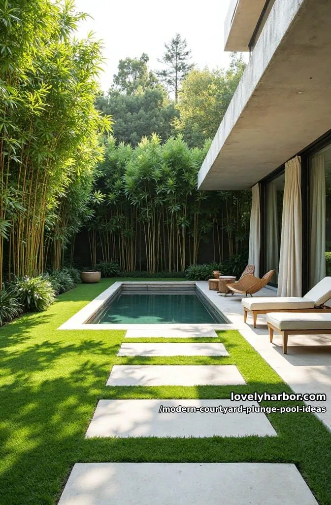 minimalist plunge pool with geometric stepping stones and lush bamboo privacy wall 1