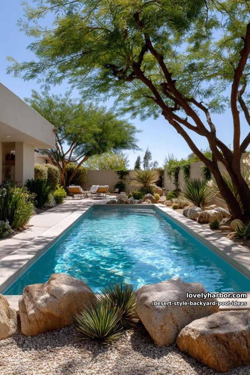 minimalist rectangular pool with desert boulders and palo verde tree shade 1