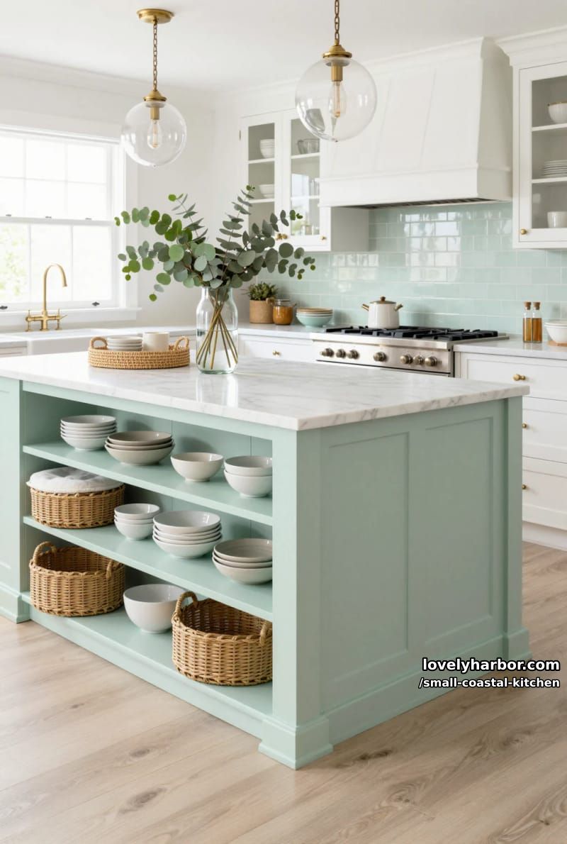 20 Small Coastal Kitchen Ideas for a Fresh, Breezy Look 15 mint green island, open shelving, white marble, rattan stools, glass pendants 1