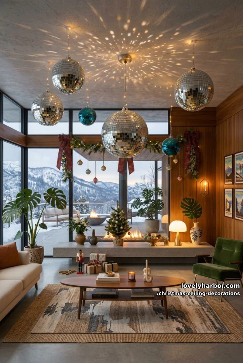 11 Christmas Ceiling Decorations That Put the Overlooked Surface to Work 11 mix disco balls with baubles for a mirrored mid-century ceiling 10