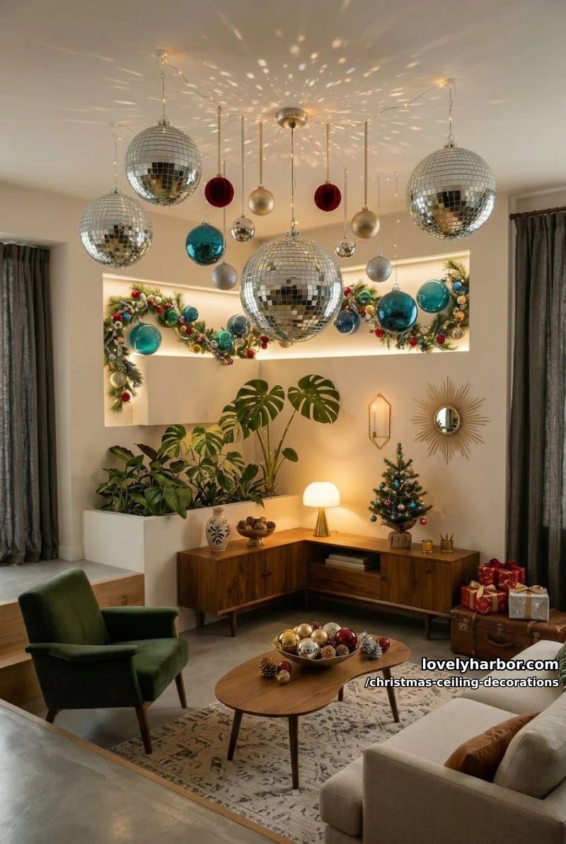 11 Christmas Ceiling Decorations That Put the Overlooked Surface to Work 12 mix disco balls with baubles for a mirrored mid-century ceiling 11