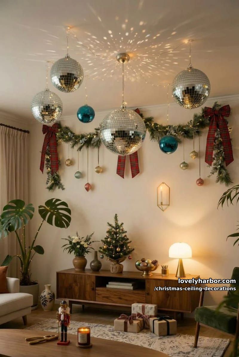 11 Christmas Ceiling Decorations That Put the Overlooked Surface to Work 13 mix disco balls with baubles for a mirrored mid-century ceiling 12