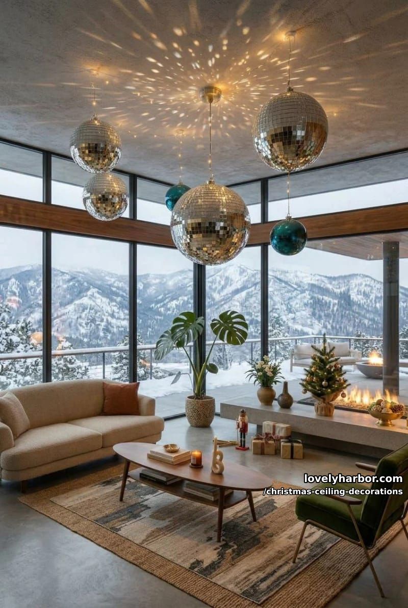 11 Christmas Ceiling Decorations That Put the Overlooked Surface to Work 14 mix disco balls with baubles for a mirrored mid-century ceiling 13