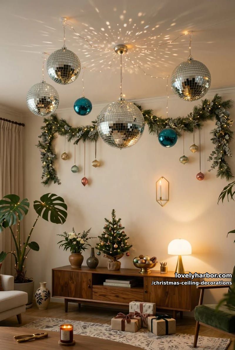 11 Christmas Ceiling Decorations That Put the Overlooked Surface to Work 10 mix disco balls with baubles for a mirrored mid-century ceiling 9