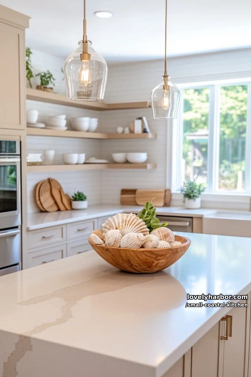 20 Small Coastal Kitchen Ideas for a Fresh, Breezy Look 7 modern beach kitchen, light stone island, seashell decor, beige shaker cabinets, glass pendants 1