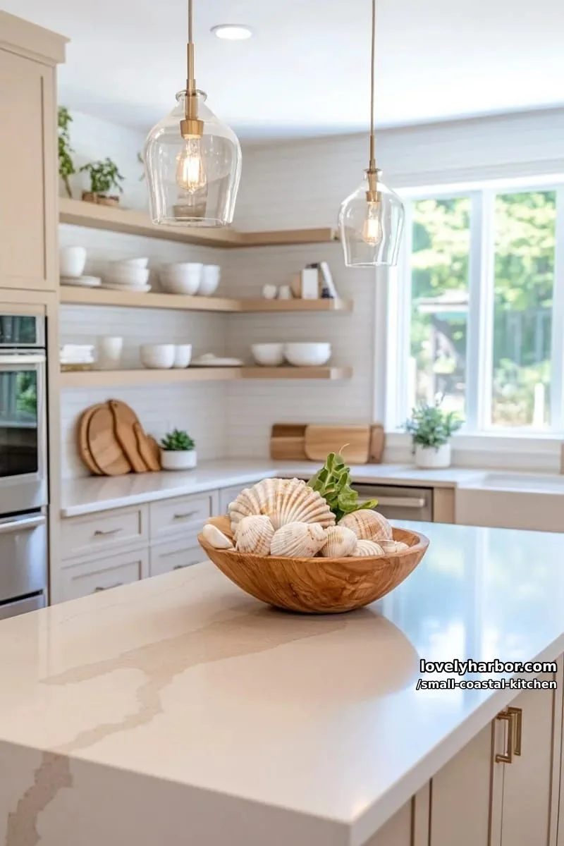 modern beach kitchen, light stone island, seashell decor, beige shaker cabinets, glass pendants 1
