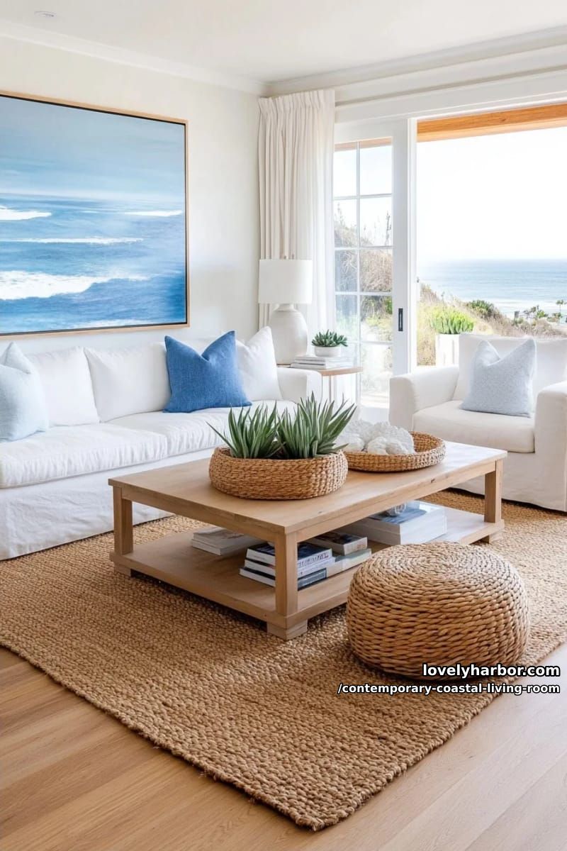 19 Contemporary Coastal Living Rooms With Clean Modern Edge 21 modern coastal living room, white furniture, wood accents, woven textures, blue art. 1