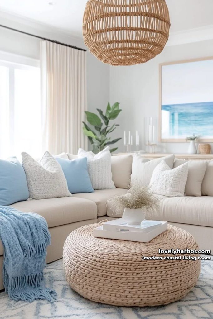 modern coastal living room with beige sectional and blue accents. 12