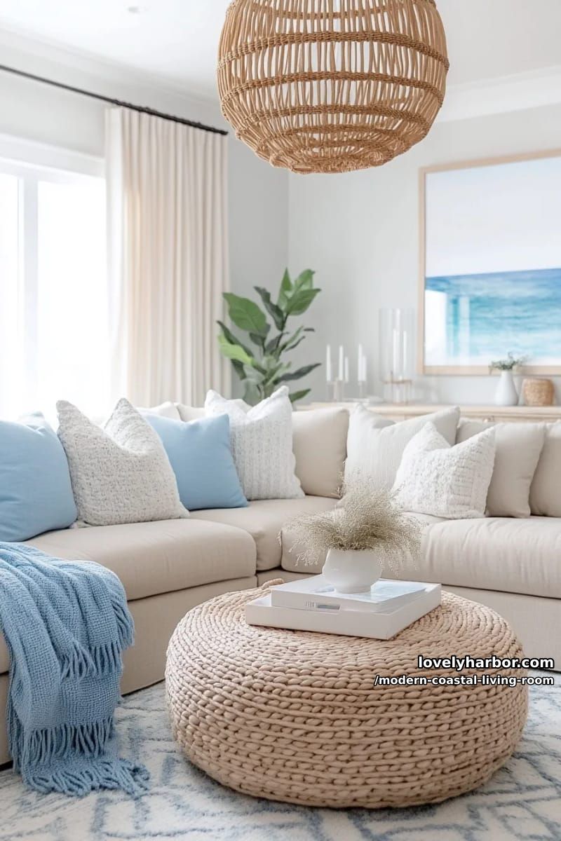 modern coastal living room with beige sectional and blue accents. 12