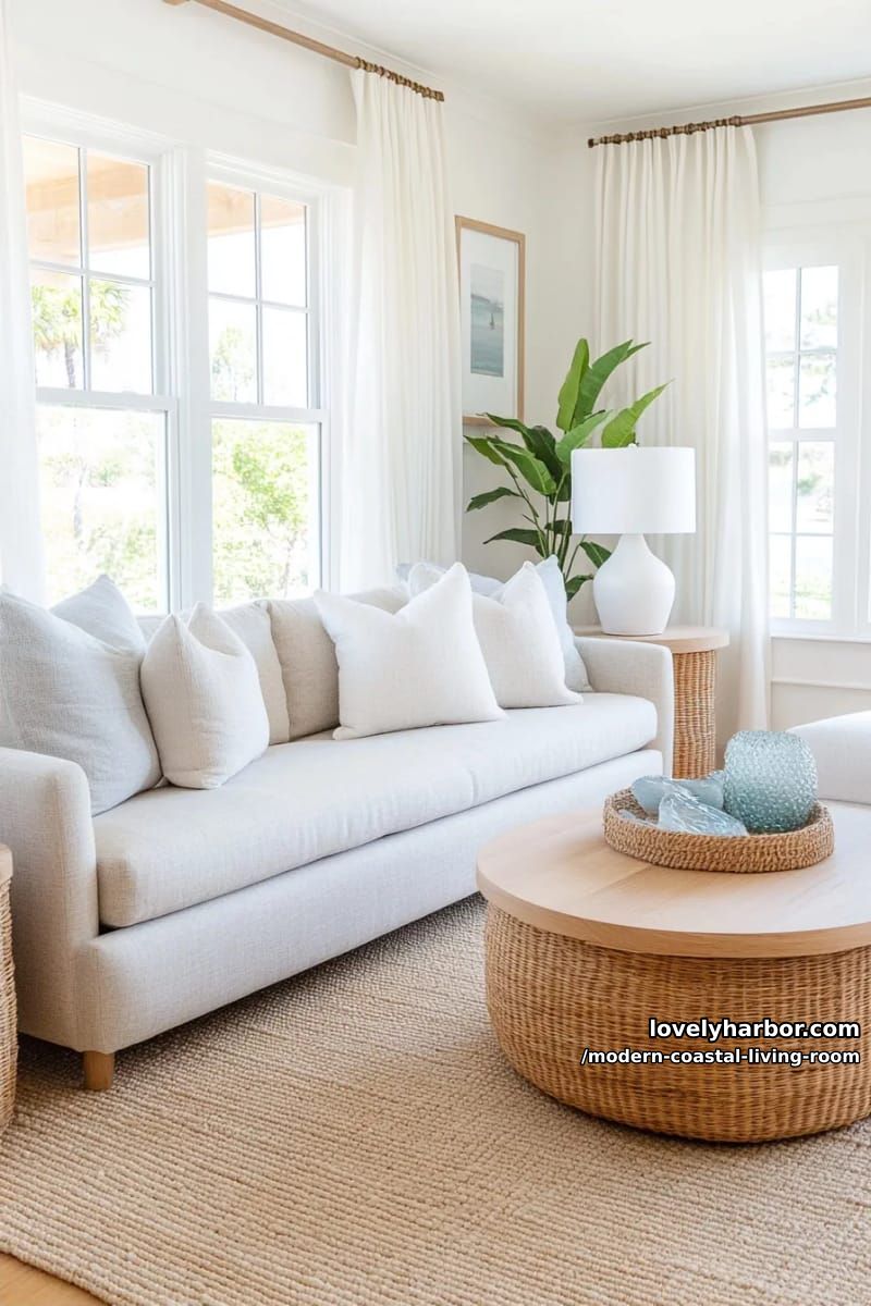 modern coastal living room with beige sofa and wicker accents. 1