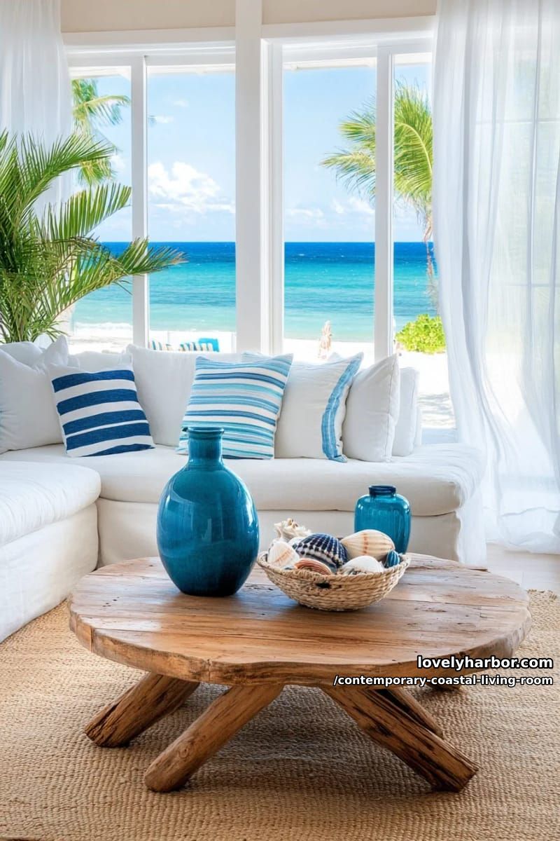 19 Contemporary Coastal Living Rooms With Clean Modern Edge 4 modern coastal living room with ocean view, white sofas, and blue decor. 1
