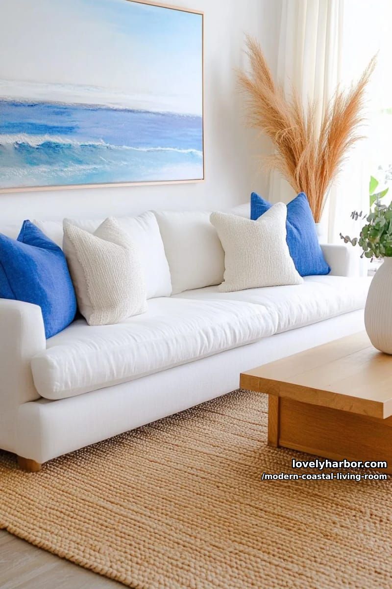 modern coastal throw pillows in blue, beige, and white tones. 1