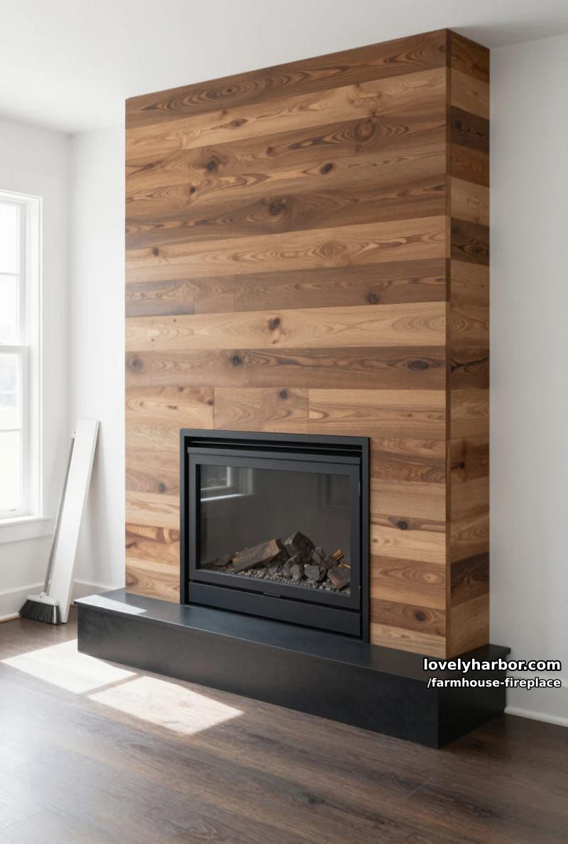modern corner with floor-to-ceiling shiplap wood fireplace and glass insert. 1