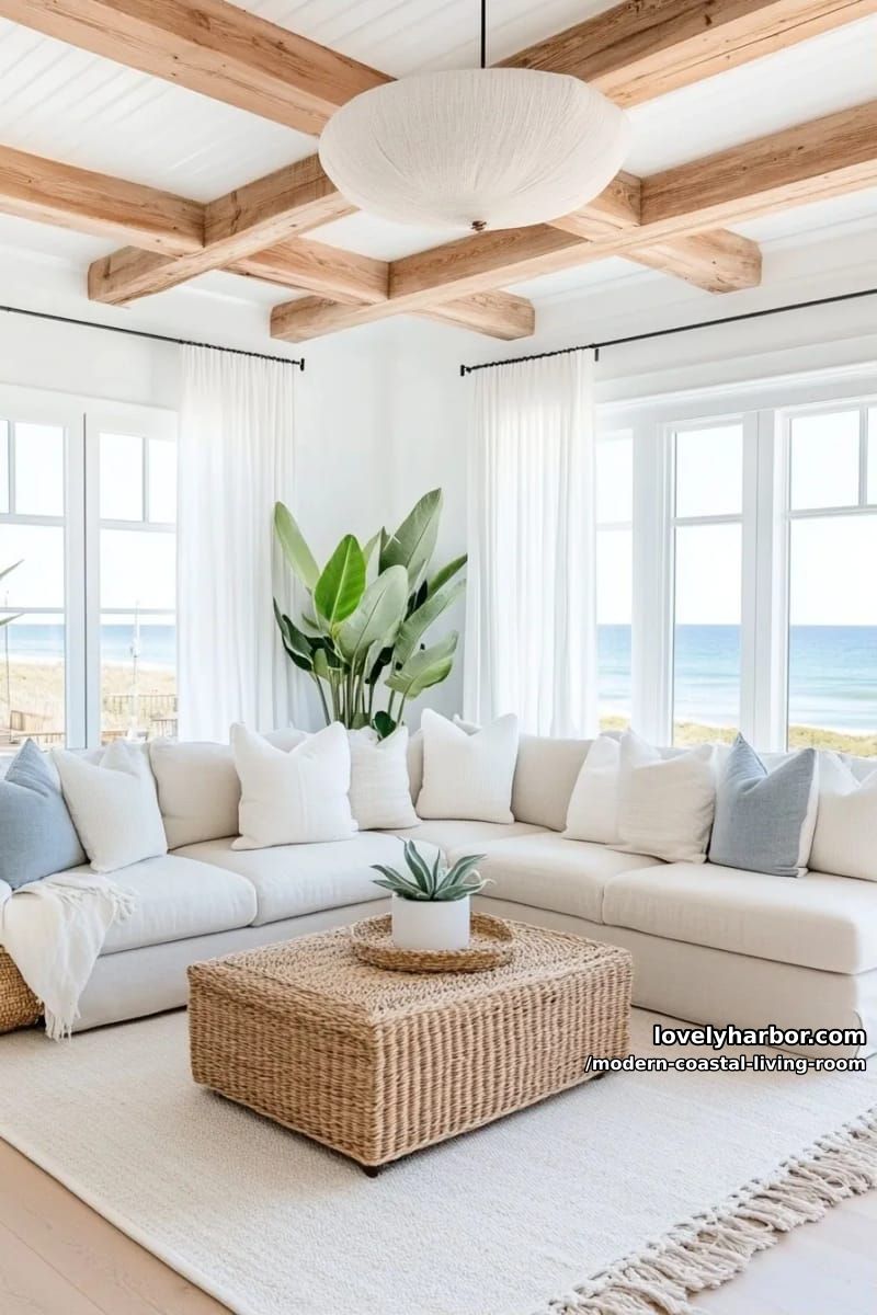 modern cream sectional living room with wood beams and plants. 1