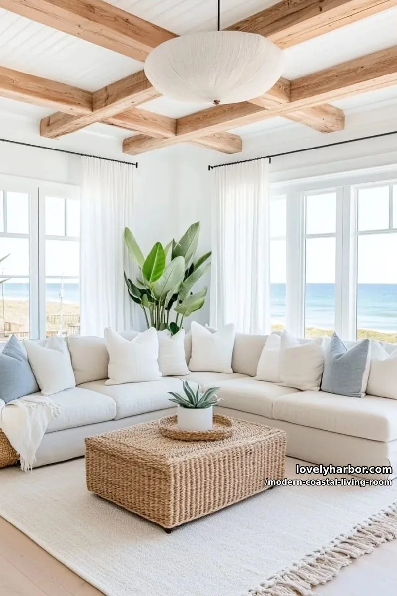19 Modern Coastal Living Room Ideas With an Airy, Calm Feel 20 modern cream sectional living room with wood beams and plants. 1