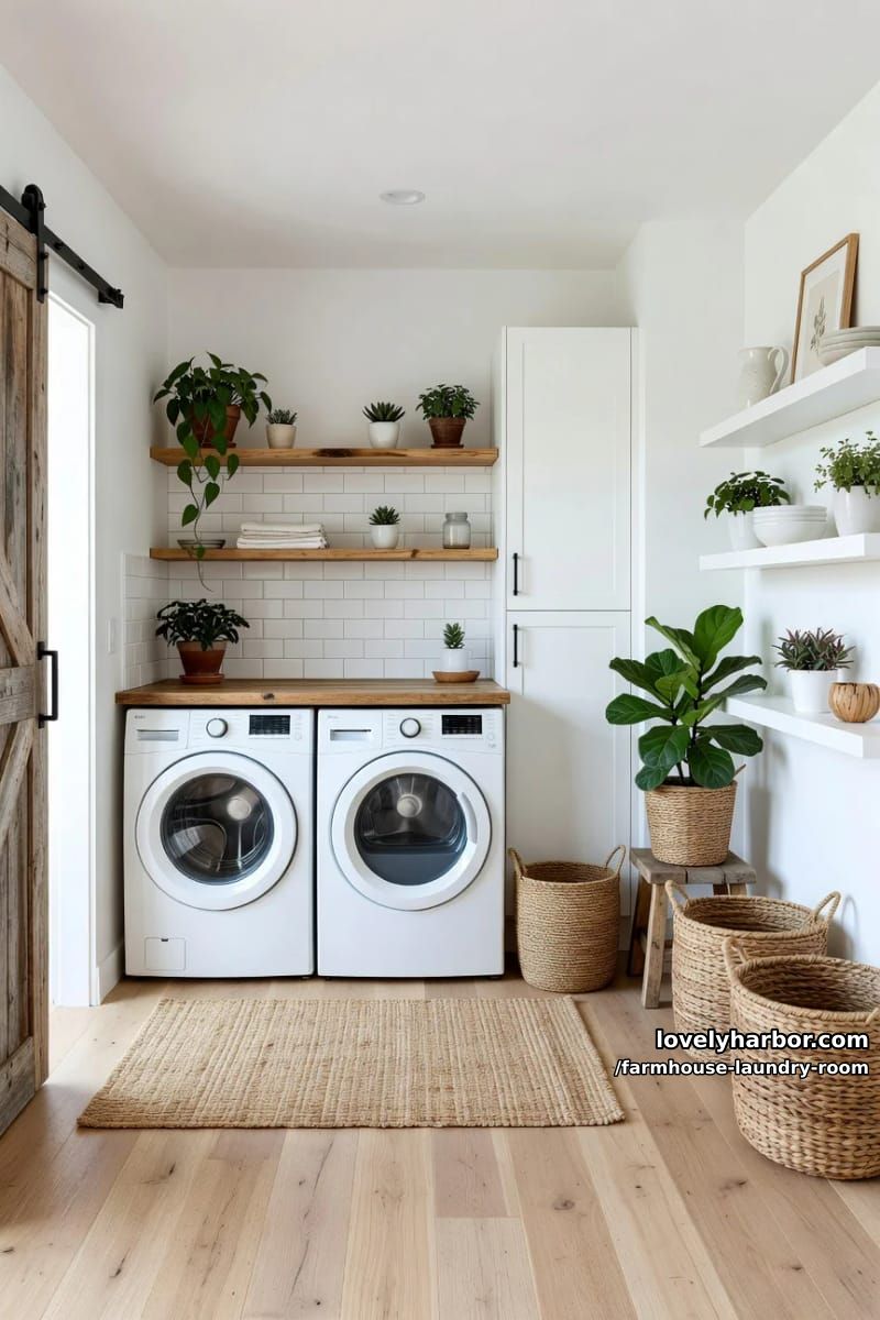21 Farmhouse Laundry Rooms with Charming Designs 13 modern farmhouse laundry room with barn door, wood countertop, and subway tile backsplash. 1