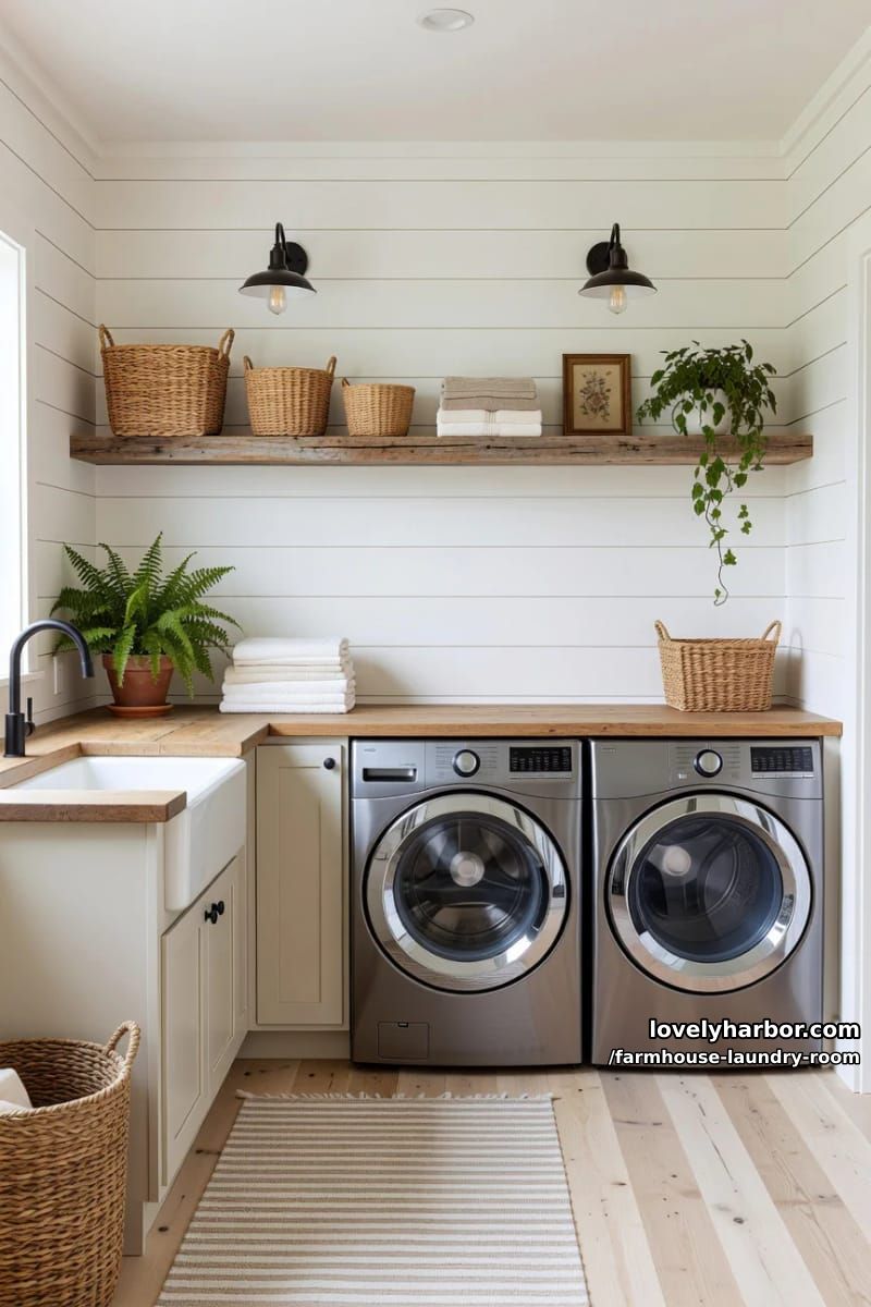 21 Farmhouse Laundry Rooms with Charming Designs 5 modern farmhouse laundry room with shiplap walls, wooden shelf, and natural light. 1