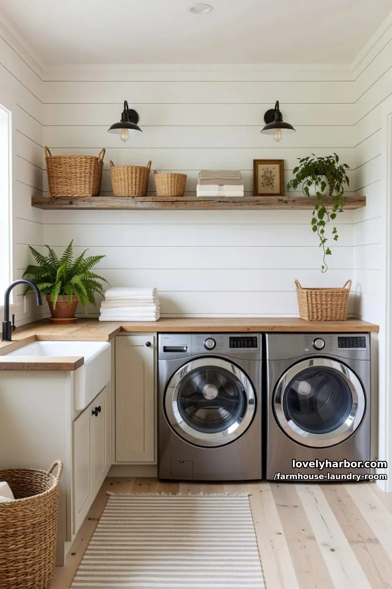 21 Farmhouse Laundry Rooms with Charming Designs 4 modern farmhouse laundry room with shiplap walls, wooden shelf, and natural light. 1