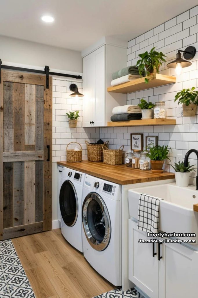 Laundry Room 1 modern farmhouse laundry with sliding barn door, white cabinetry, and subway tile. 17