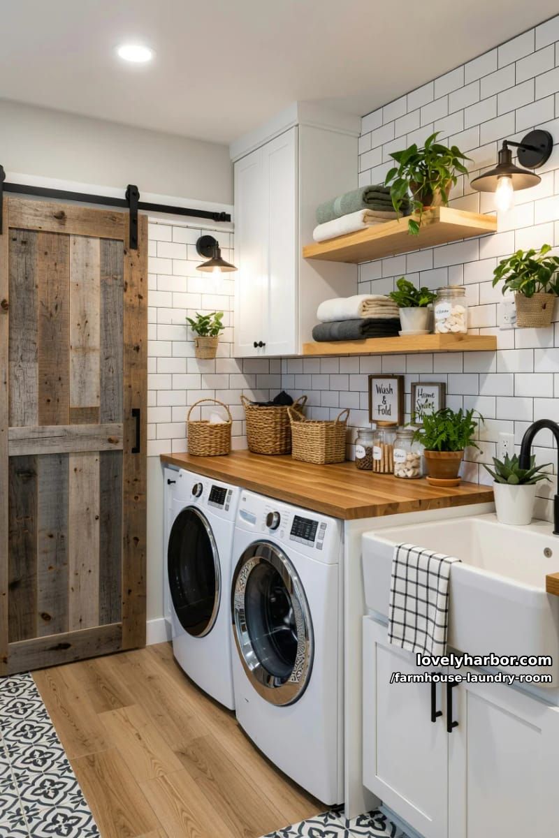 Lovely Harbor 44 modern farmhouse laundry with sliding barn door, white cabinetry, and subway tile. 17