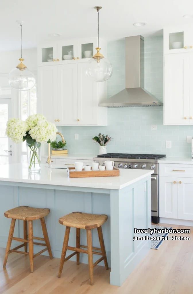 20 Small Coastal Kitchen Ideas for a Fresh, Breezy Look 10 modern kitchen, blue tile backsplash, glass-front cabinets, blue island, gold accents 1