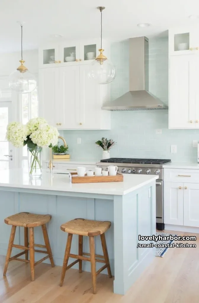 modern kitchen, blue tile backsplash, glass-front cabinets, blue island, gold accents 1