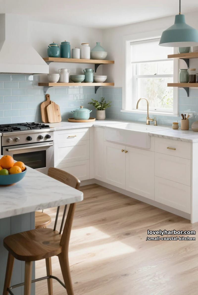 20 Small Coastal Kitchen Ideas for a Fresh, Breezy Look 18 modern kitchen, marble countertops, blue subway tile, open shelves, teal pendant lamp 1