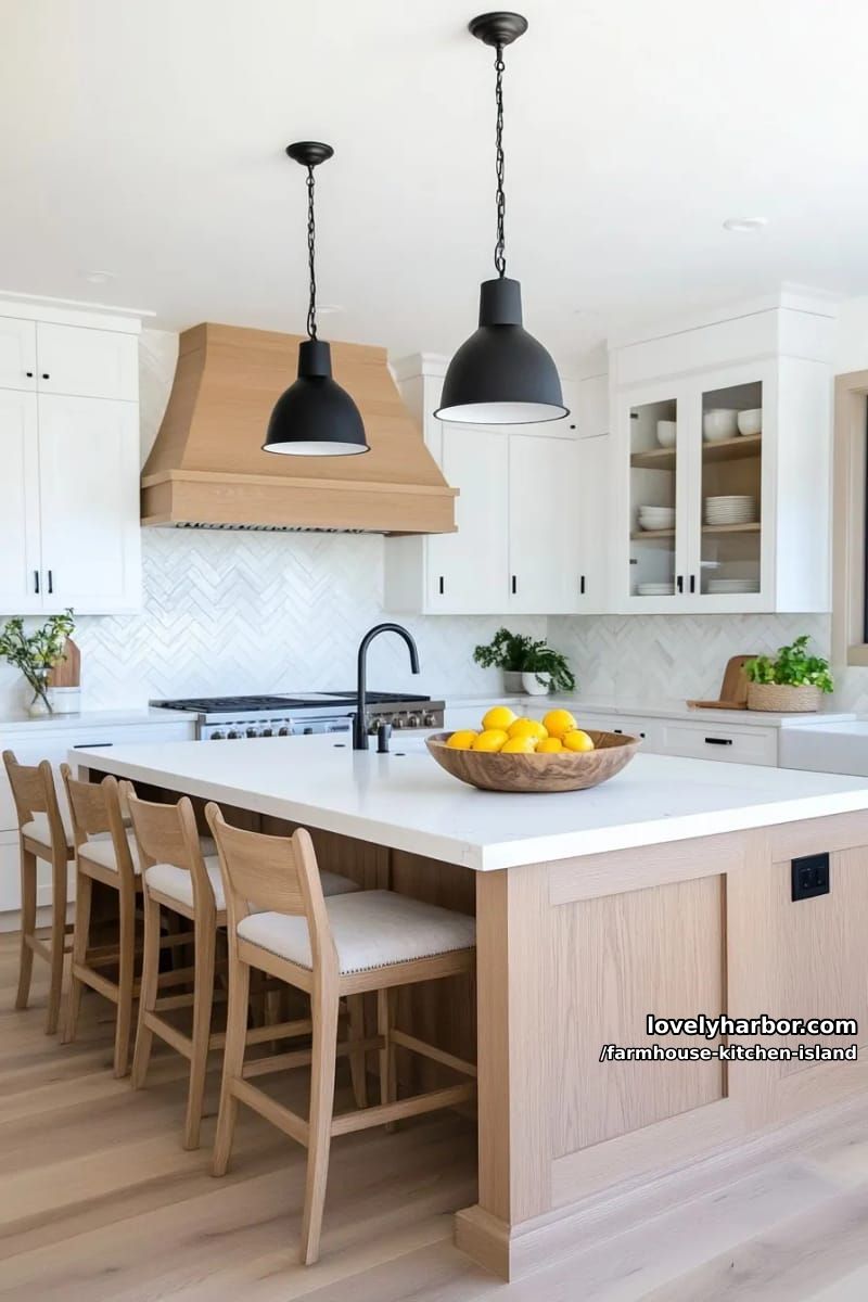 modern kitchen, white marble island, oak base, and industrial black pendant lights. 1
