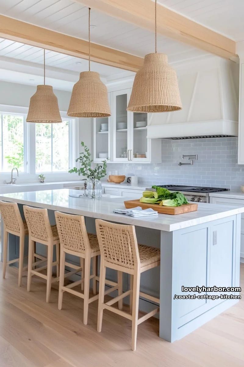 20 Coastal Cottage Kitchens With Worn-In Beach House Feel 6 modern kitchen with blue island, rattan stools, and coffered ceiling. 1
