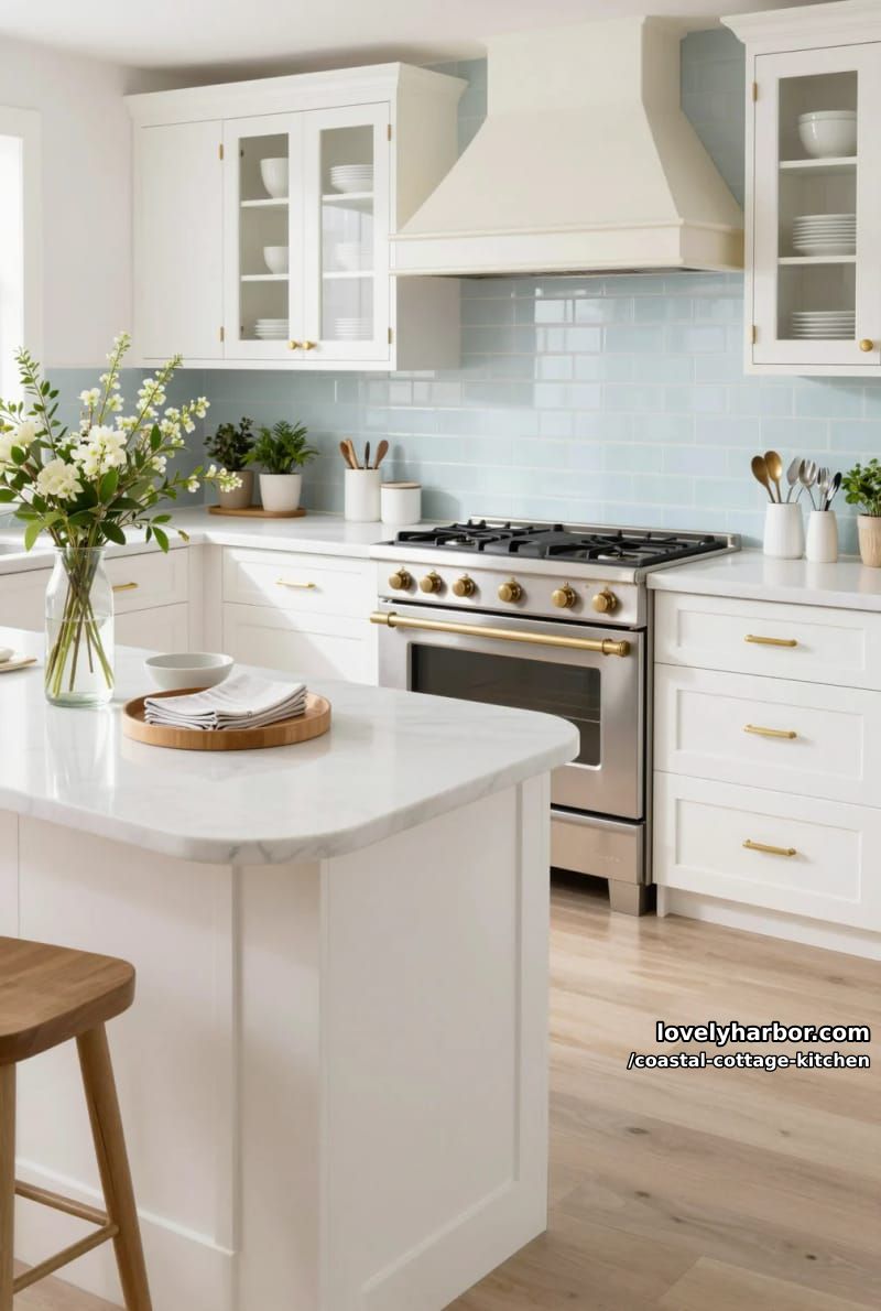 20 Coastal Cottage Kitchens With Worn-In Beach House Feel 12 modern kitchen with brass hardware and curved white island. 1