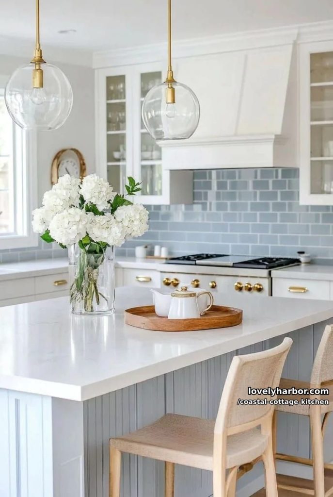 modern kitchen with white cabinetry, brass accents, and blue tile backsplash. 2