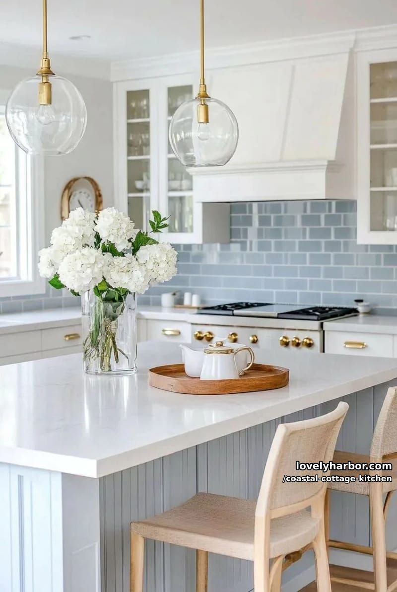 modern kitchen with white cabinetry, brass accents, and blue tile backsplash. 2