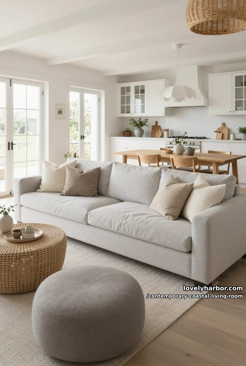 19 Contemporary Coastal Living Rooms With Clean Modern Edge 15 modern living and kitchen, gray sectional, round woven table, and exposed beams. 1