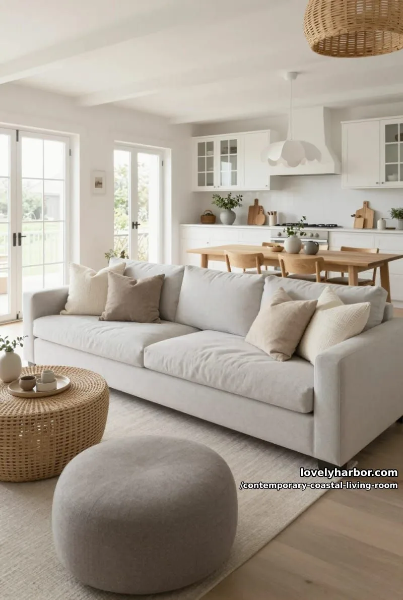 modern living and kitchen, gray sectional, round woven table, and exposed beams. 1