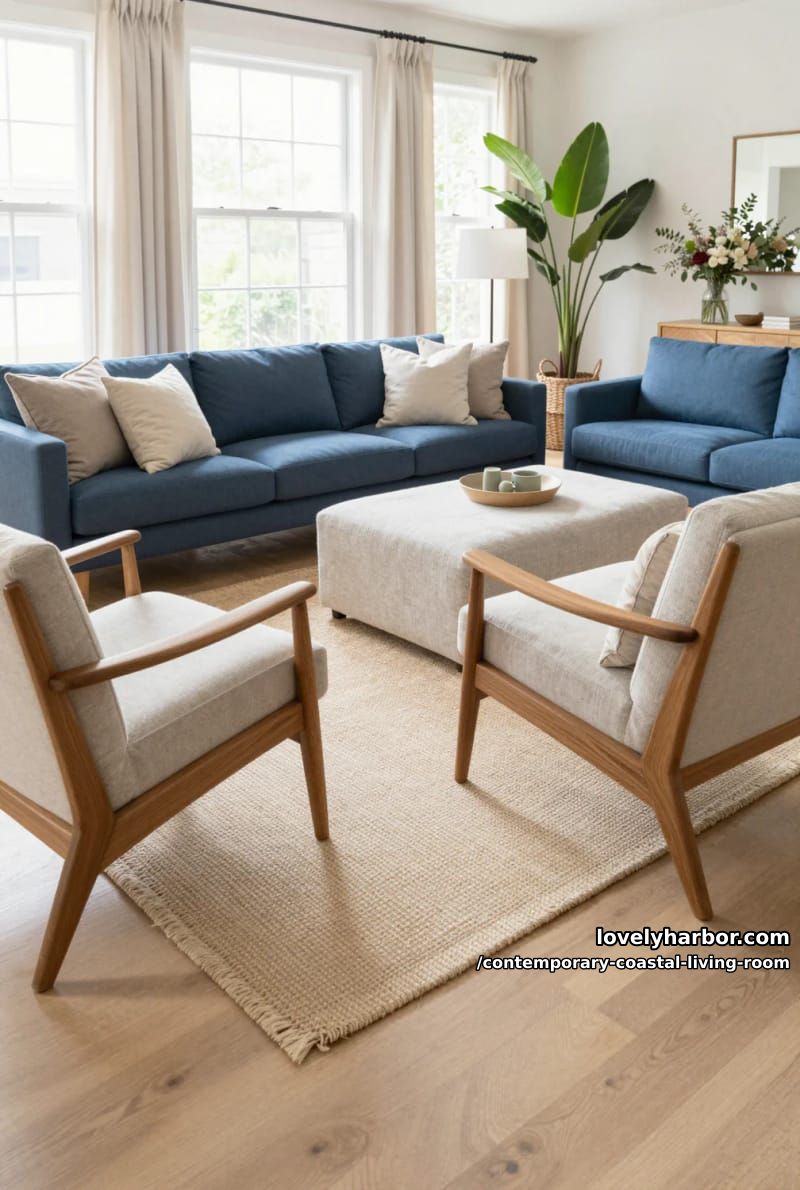 19 Contemporary Coastal Living Rooms With Clean Modern Edge 7 modern living room with blue sofa, mid-century chairs, and natural light. 1