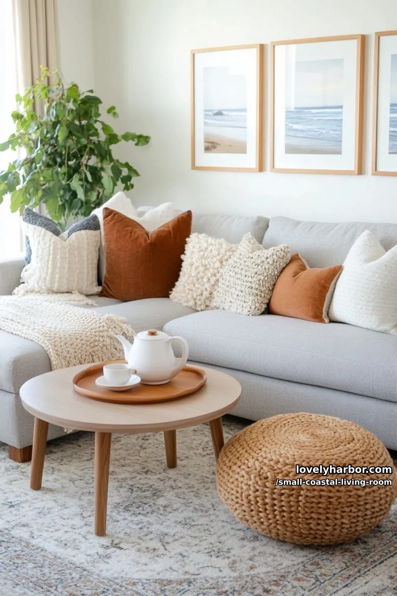 19 Small Coastal Living Room Ideas for Effortless Style 18 modern living room with gray sectional, textured pillows, beach gallery wall, and plants 1