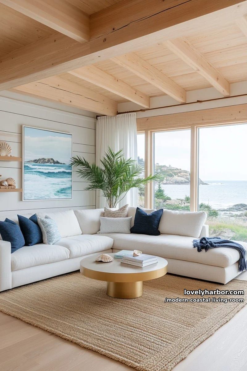 modern living room with ocean view, blue accents, and gold coffee tables. 1