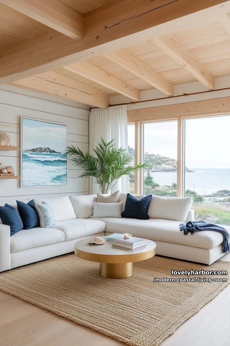 19 Modern Coastal Living Room Ideas With an Airy, Calm Feel 17 modern living room with ocean view, blue accents, and gold coffee tables. 1