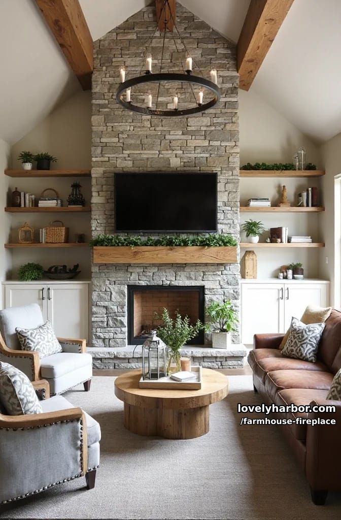 modern living room with stone fireplace, wood mantel, and built-ins. 1
