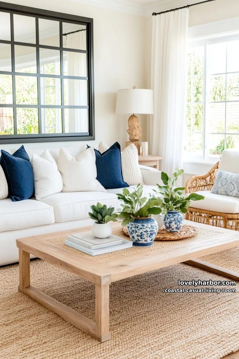 modern living room with white sofa, grid mirror, and blue botanical accents. 1