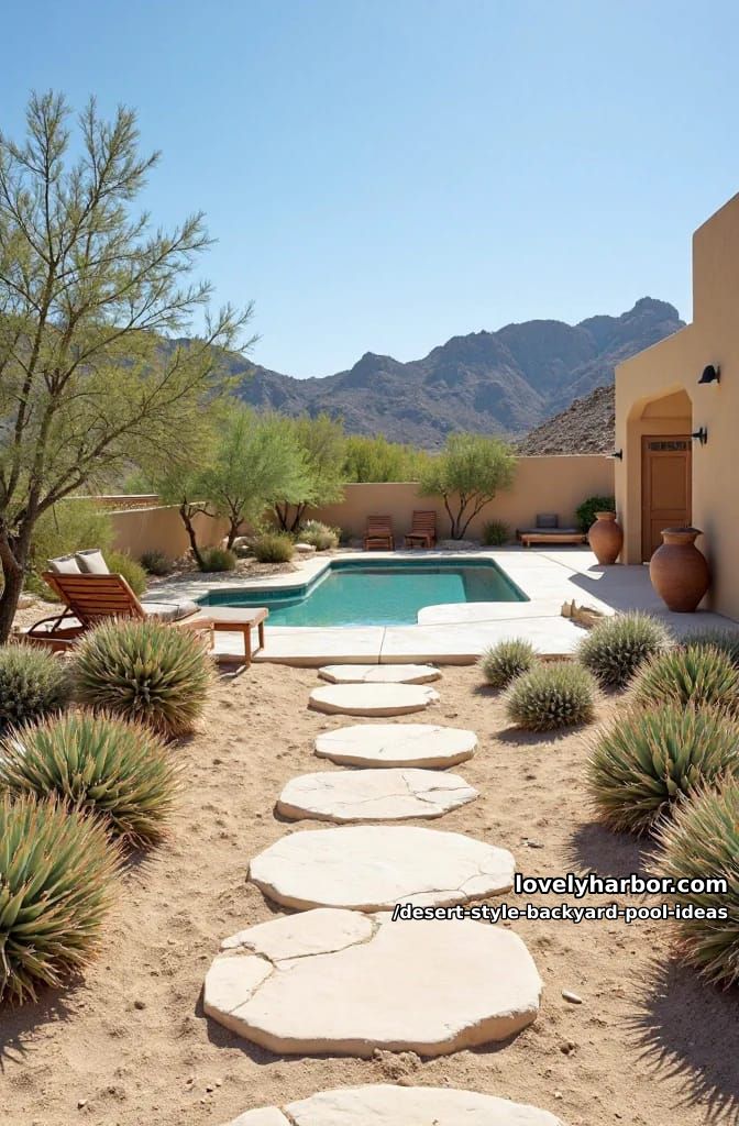 modern plunge pool with geometric stepping stones among yucca and stone mulch 1