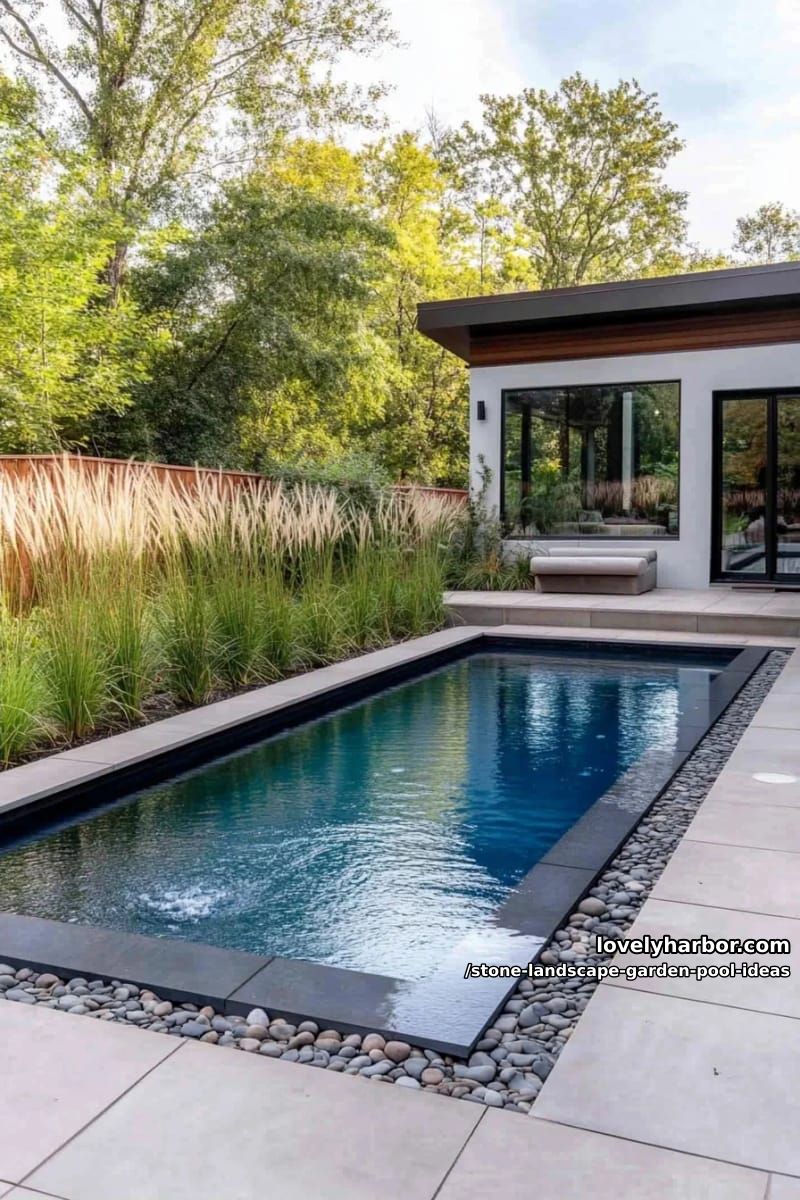modern rectangular pool bordered by slate slabs and architectural grasses 1