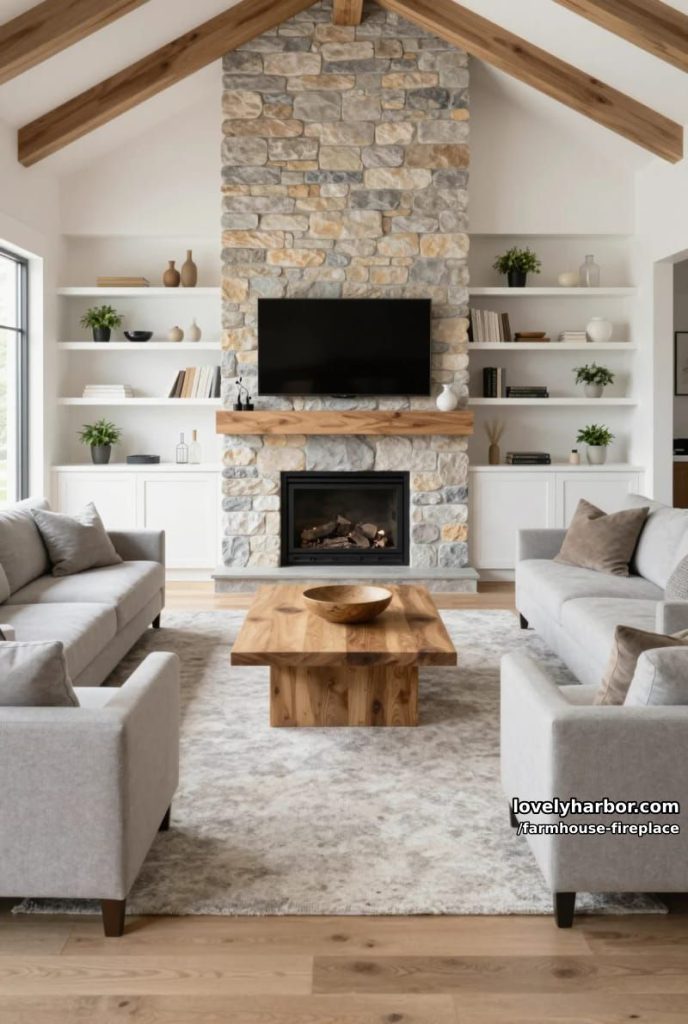 modern vaulted living room with stone fireplace and built-in shelves. 5