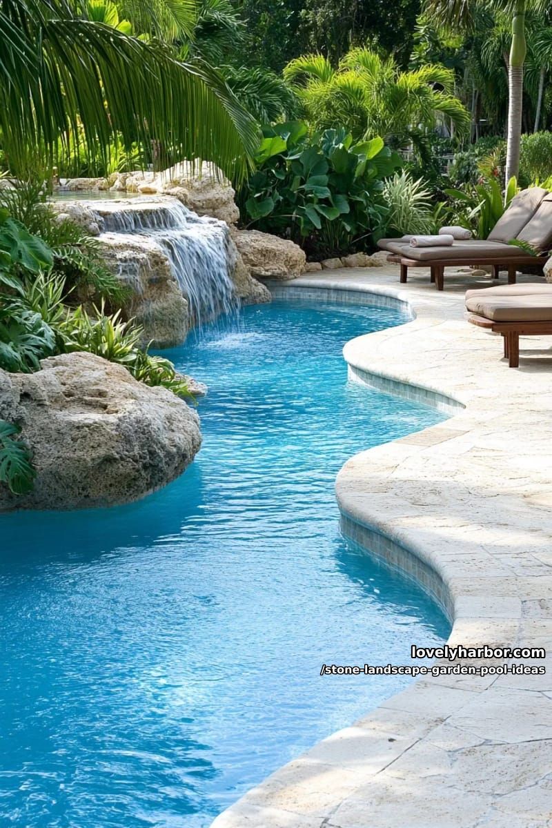 multi-level waterfall cascading into a lagoon-style pool with boulders 1