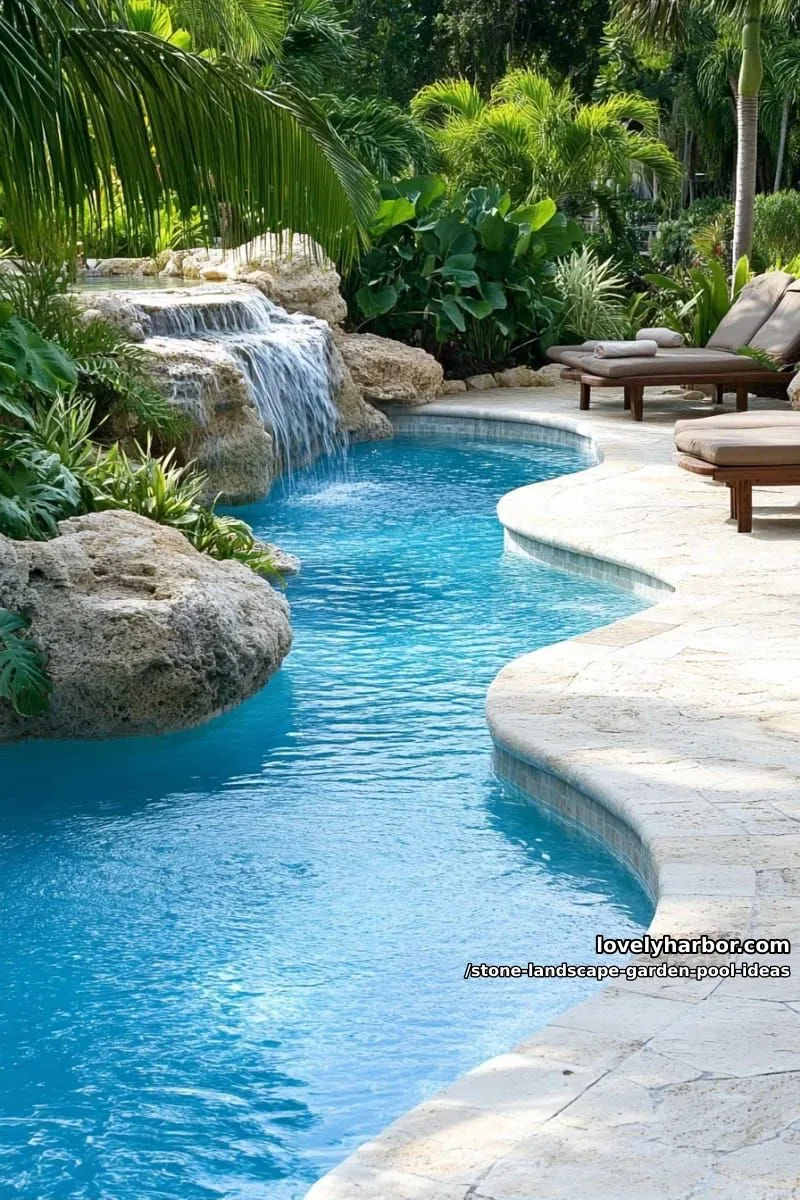 15 Stone Pool Designs for Elegant Garden Spaces 4 multi-level waterfall cascading into a lagoon-style pool with boulders 1