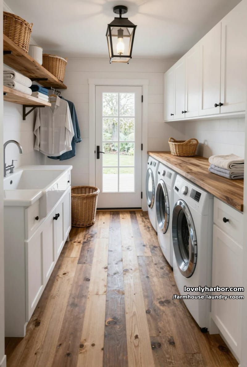 21 Farmhouse Laundry Rooms with Charming Designs 17 narrow laundry room with shiplap, farmhouse sink, and french doors for natural light. 1